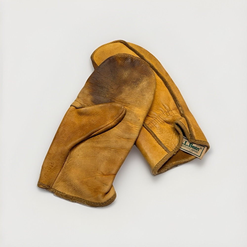 Vintage LL Bean Leather Mittens Mens Large Tan Brown Deerskin Gloves 70s 80s